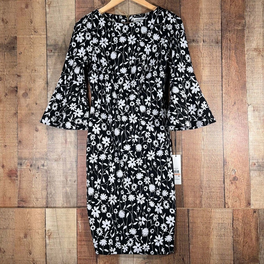 Calvin Klein Floral Bell Sleeve Sheath Dress Black White Size 2 Cocktail Mod